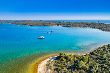 Amazing seascape on Adriatic sea, turquoise water on the island of Dugi Otok in Croatia, aerial view from drone
