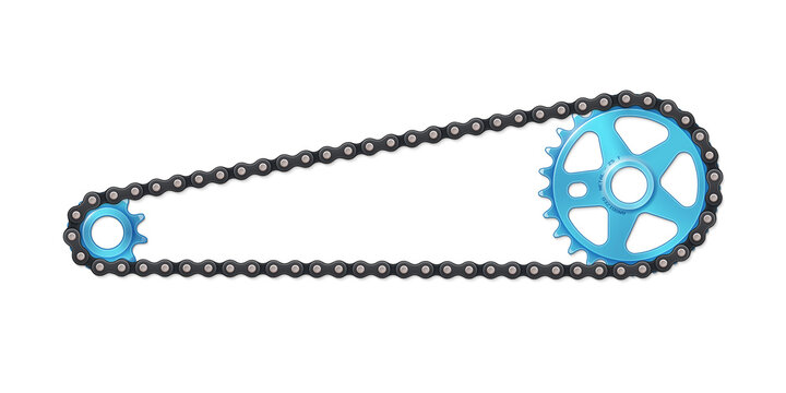 Drivetrain bicycle BMX. Blue sprocket with anodized metal effect, cogwheel and black chain. Vector bike parts