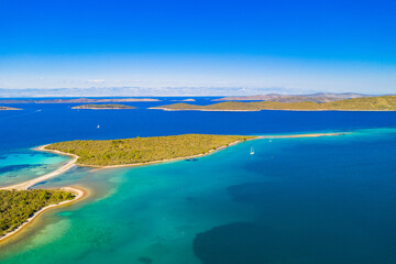 Fototapeta na wymiar Amazing seascape on Adriatic sea, turquoise water on the island of Dugi Otok in Croatia, aerial view from drone