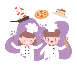 little girls chef cartoon character with pizza cake and utensils