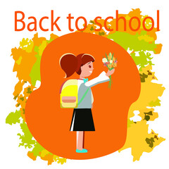 A girl with flowers and a backpack goes to school