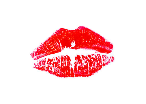 Kiss lipstick trace red on white background