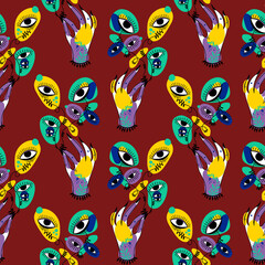 Fototapeta na wymiar Hand holding psychedelic plant flower with many eyes vivid multicolor seamless pattern.
