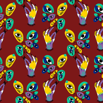 Hand holding psychedelic plant flower with many eyes vivid multicolor seamless pattern. © PhoenixNeon