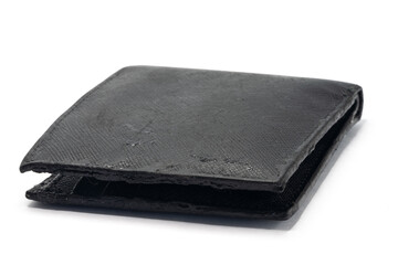 a sticky black leather wallet isolated on a white background