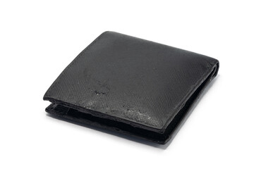 a sticky black leather wallet isolated on a white background