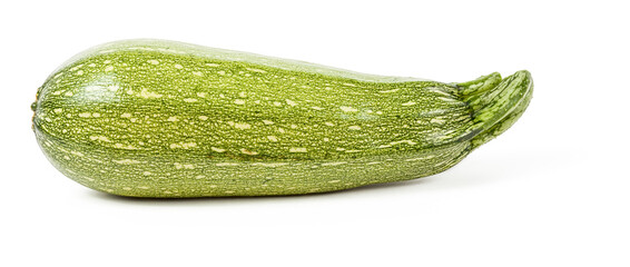 One young fresh raw zucchini from the squash family of green color on a white isolated background in a photography studio. Healthy vegetarian food, summer vegetable at eco markets and farmers markets.