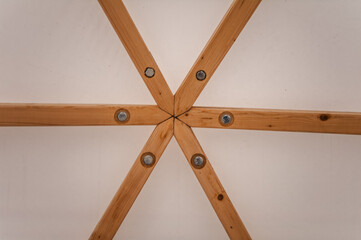 Geodesic Tent wooden frame construction detail with white foil