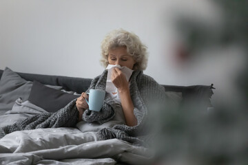 Senior woman sit on bed in bedroom wrapped in warm knitted plaid holds cup with antipyretic healing...