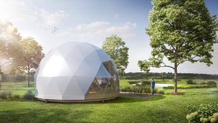 Modern white dome glamping tent with window in forest visualization in summer warm day - obrazy, fototapety, plakaty