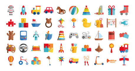 cartoon toys object for small children to play, flat style icons set