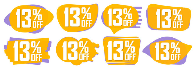 Set Sale 13% off bubble banners, discount tags design template, vector illustration