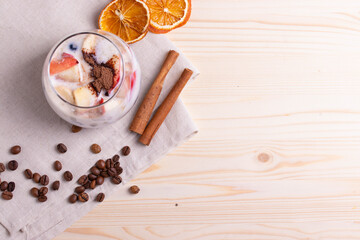 yumy milky desert or yughurt with fruit and berries