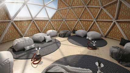 Modern geodesic dome tent yurt interior with hookahs. Nomad tent interior. © Jan