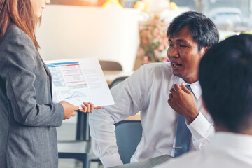 Diversity multiethnic team group of business people meeting in conference room brainstorming with business graph, chart, data info. Teamwork collaborate business team meeting together trust partners