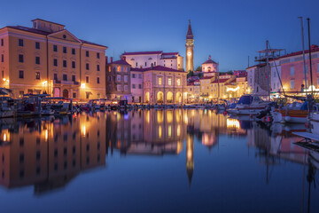 Picturesque old town Piran, beautiful Slovenian adriatic coast with view of Tartini Square.