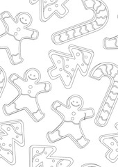 Coloring page or seamless pattern with christmas cookies with little men, christmas trees for adults, outline vector stock illustration as anti stress therapy with winter sweets
