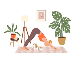 Young woman sitting in yoga posture and meditating. Girl performing aerobics exercise and morning meditation at home. Yoga at home. Physical and spiritual practice. Vector illustration.