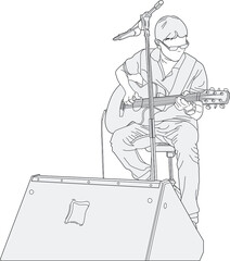 Man wearing glasses to hang the guitar on stage.