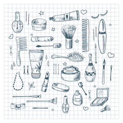 Beauty doodle set. Collection of hand drawn beauty, makeup and cosmetics icons and objects. Sketch design elements. Vector illustrations on a checkered background.