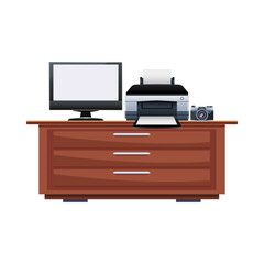 computer monitor display with printer machine and camera in wooden drawer