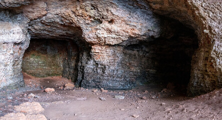 Panorama of  two rooms old cave in the coastline