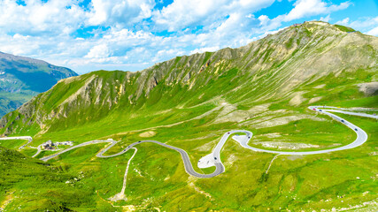 Mountain asphalt road serpentine. Winding Grossglockner High Alpine Road with Edelweissspitze on background, Austria