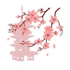Sakura blossom. Cherry branch with flowers and bud. Petals falling.