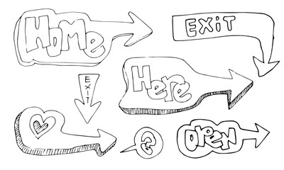Handdrawn arrows, borders set with handwritten text:home,exit,here,open. Vector icon.