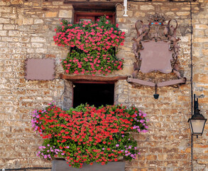 Obraz na płótnie Canvas Facade of ancient house decorated with flowers