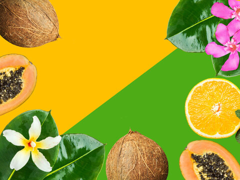 Ripe juicy papayas orange slice mint coconut fuchsia flowers palm leaves on duotone bright yellow green background. Tropical fruits summer vacation fun concept