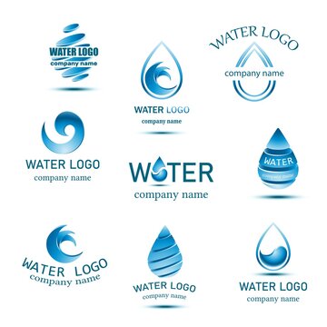 Vector blue mineral water logo collection with drops and waves. 