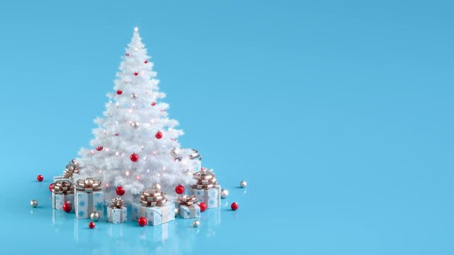 Rotating white decorated Christmas tree with sparkling illuminated Christmas lights and gift boxes. Christmas animation with copy space. Seamless 4K 3D animation. 3D rendering.