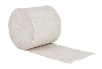 Lying roll of grey toilet paper isolated on white background