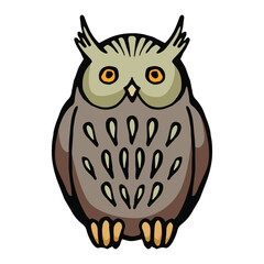Hand drawn cartoon owl on white background.  Wild forest species. Color vector stock illustration in flat style.
