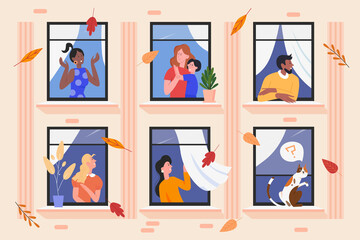 People in facade building windows vector illustration. Cartoon flat man woman neighbour characters living in neighboring home apartments, enjoying autumn good weather. Happy neighbourship background