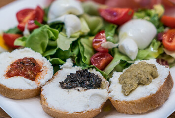 Ricotta Bruschetta with Italian salad and mozzarella cheese