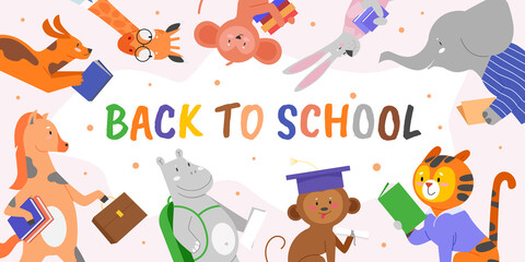 Back to school, education concept vector illustration. Cartoon flat cute happy wild animal characters holding school bag, book and textbook with back to school lettering text, educational background