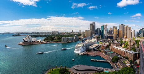  Sydney harbor bay and Sydney downtown skyline with opera house in a beautiful afternoon, Sydney,...
