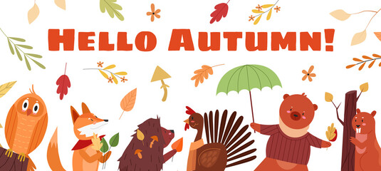Hello autumn lettering text concept vector illustration. Cartoon flat cute autumnal season background with funny owl fox hedgehog cock bear beaver characters and falling seasonal leaves or mushrooms