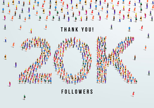 Thank you 20K or twenty thousand followers. large group of people form to create 20K vector illustration