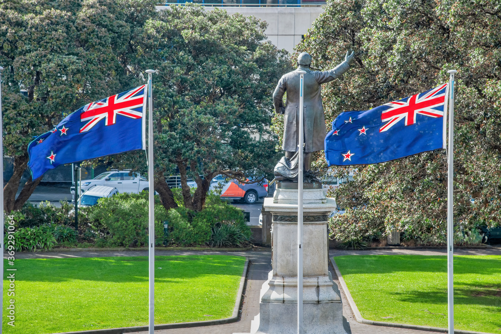 Wall mural New Zealand waving flags on a Wellington city park