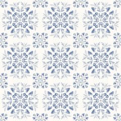 Decorative ornament in white and blue shades. Folk patterns with floral ornaments