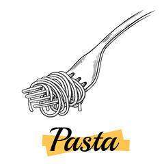 Italian pasta. Spaghetti on a fork. Vintage black illustration isolated on a white background. Engraving, outline, ink style.