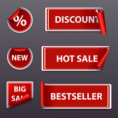 Big realistik vector set of bright labels sale in the form of stickers, vector illustration.Red ribbon and banner with Special Offer. Discount banner promotion template.
