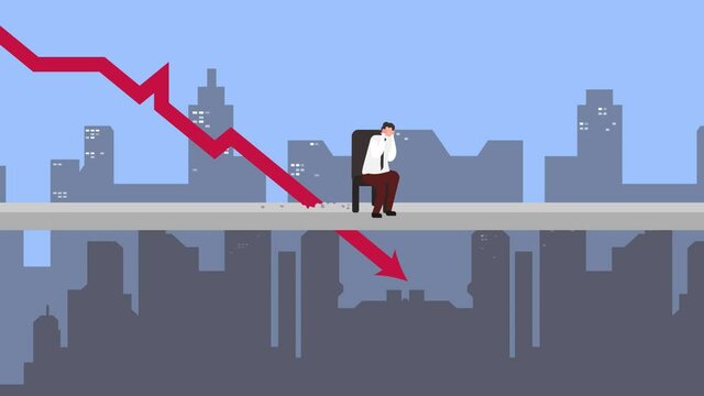 Terrified businessman looking at declining arrow