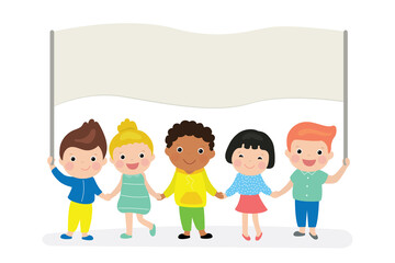Cute cartoon children holding blank banner template. Kids of different races and nations