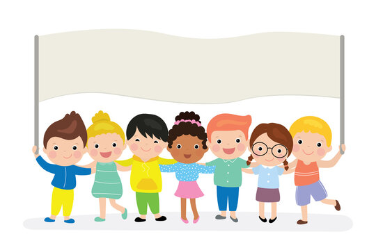 Cute cartoon children holding blank banner template. Kids of different races and nations isolated on white background