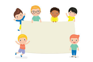 Cartoon boys kids holding empty banner template. Blank space for text or design. Multi-ethnic group of children.