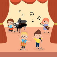 Various cute kids sing a song and playing musical instruments. Cartoon Children's music group. Preschooler kids characters.